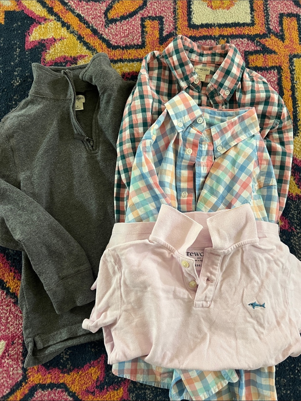 Crewcuts Boy Pink Polo, Multicolor Plaid Button-Downs and Grey Pullover